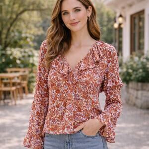 J.Crew SZ M Ruffle Crinkle Chiffon Top in Fête Floral NWT
